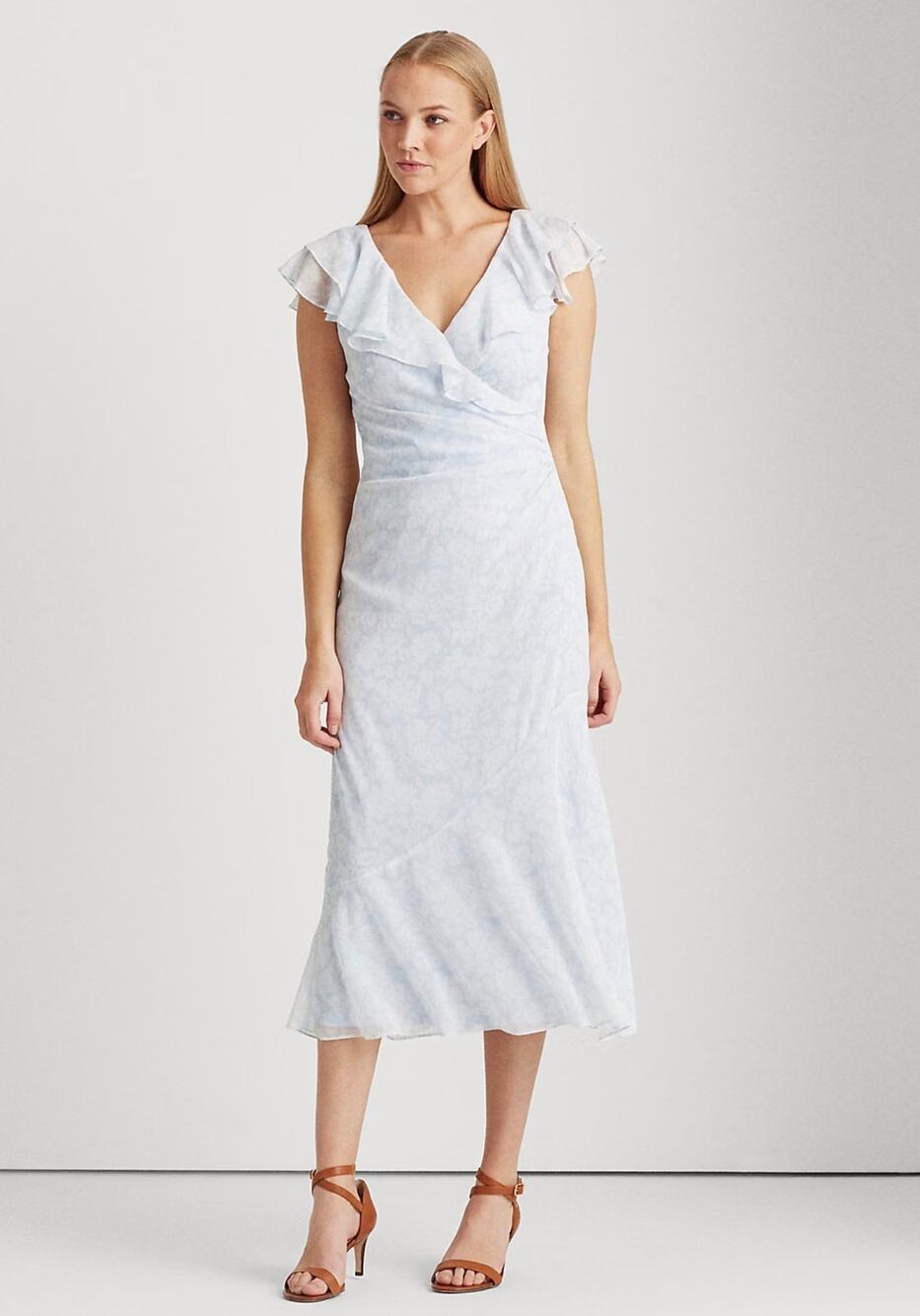 Lauren Ralph Lauren Floral Georgette Midi Dress 14 Blue Ruffle Wrap V Neck
